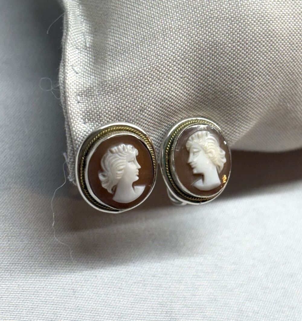 Vintage 1940s Shell Cameo Carved Carnelian Screw back Earrings 800 coin Silver - Picture 3 of 11